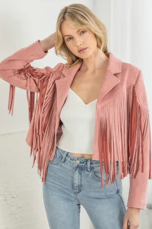 Mauve Pink Faux Leather Suede Fringe Cropped Western Boho Moto Jacket Women's