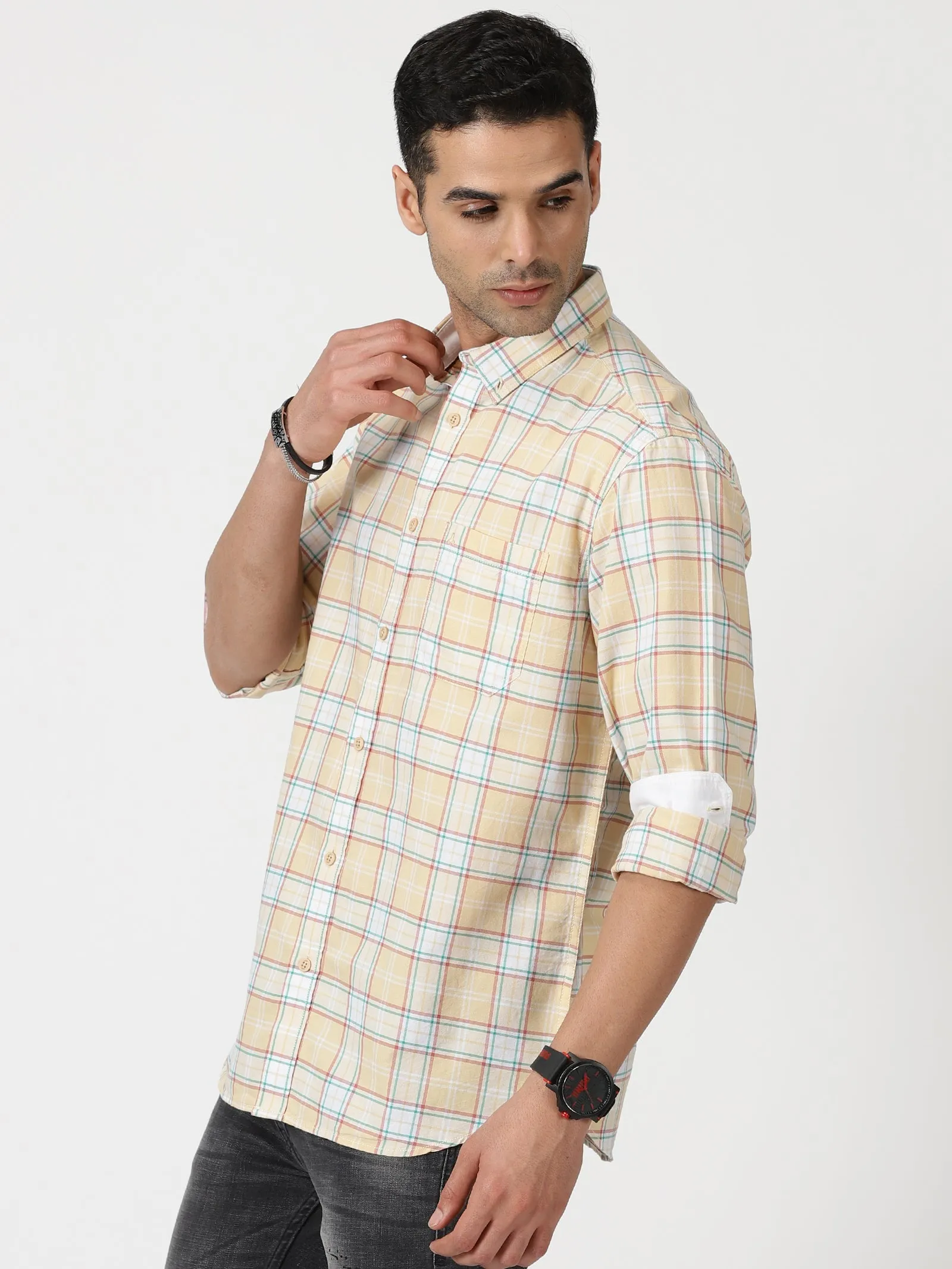 MEN'S LT ORANGE CHECKS SLIM FIT SHIRT