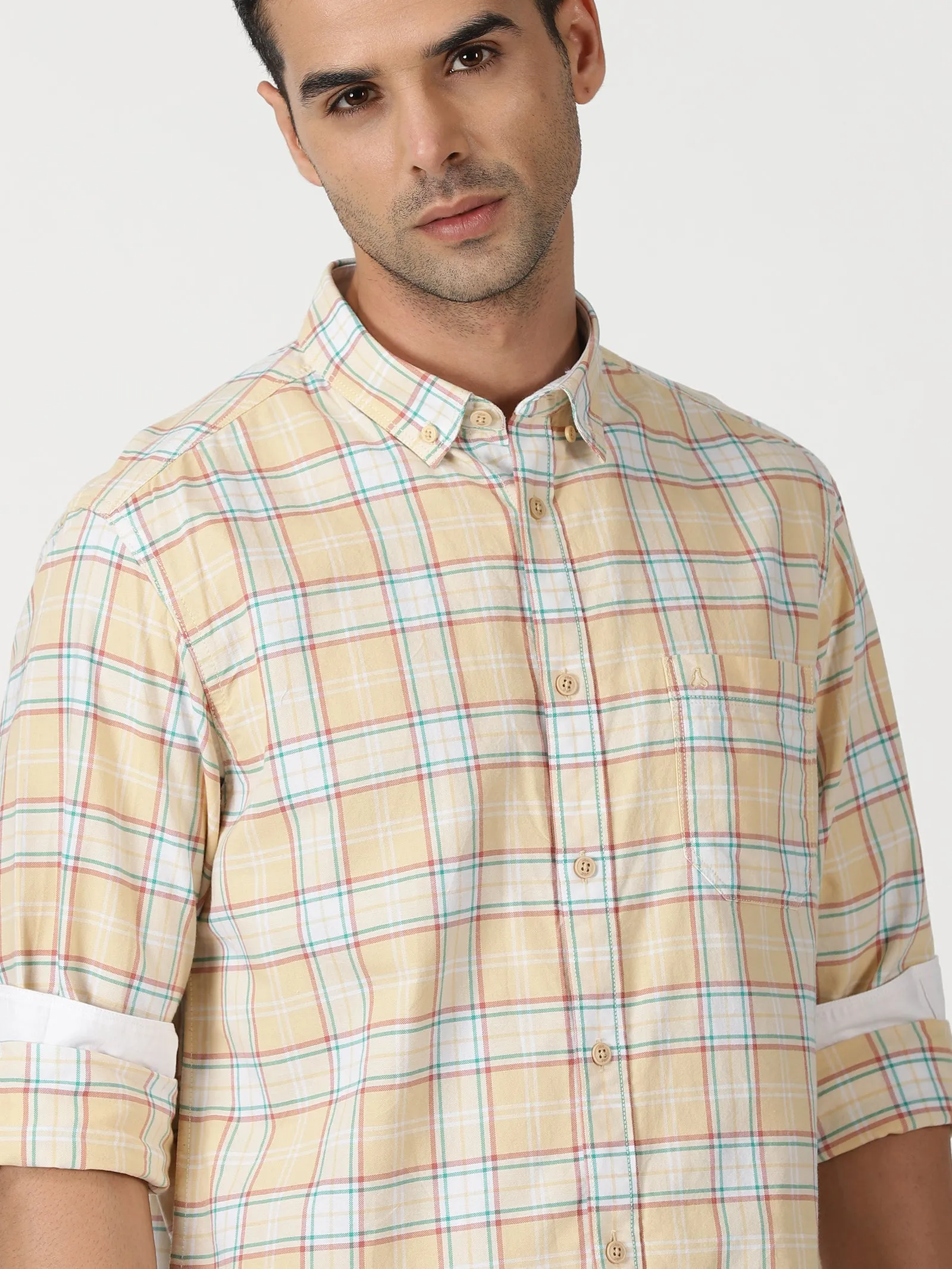 MEN'S LT ORANGE CHECKS SLIM FIT SHIRT