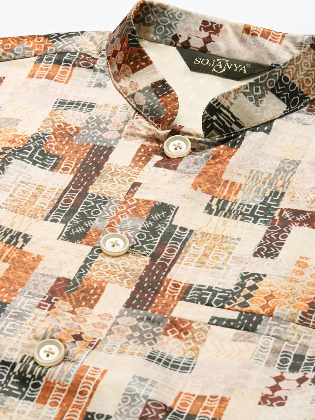 Men's Silk Blend Beige Printed ONLY Nehru Jacket - Sojanya