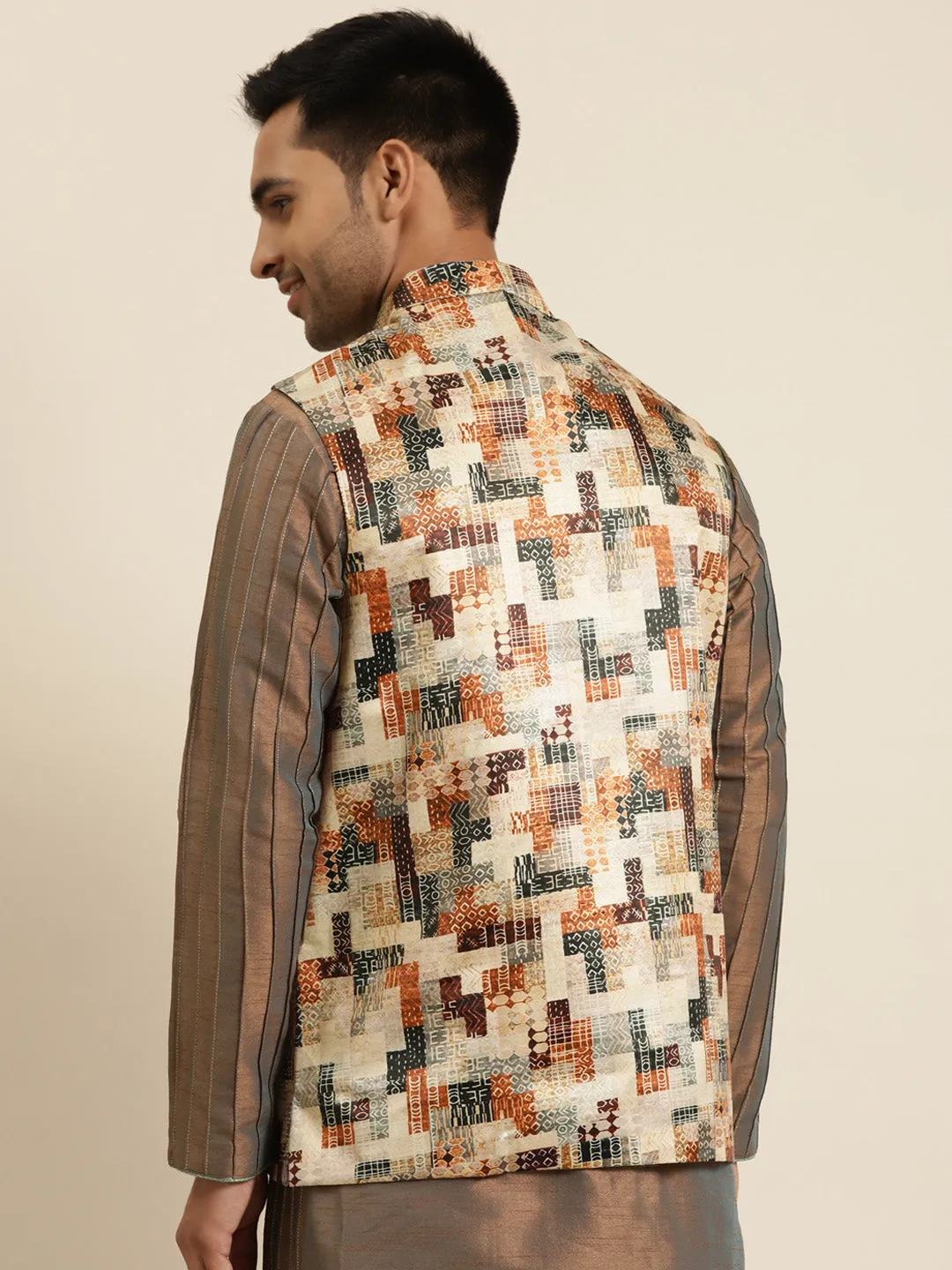 Men's Silk Blend Beige Printed ONLY Nehru Jacket - Sojanya