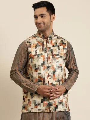 Men's Silk Blend Beige Printed ONLY Nehru Jacket - Sojanya