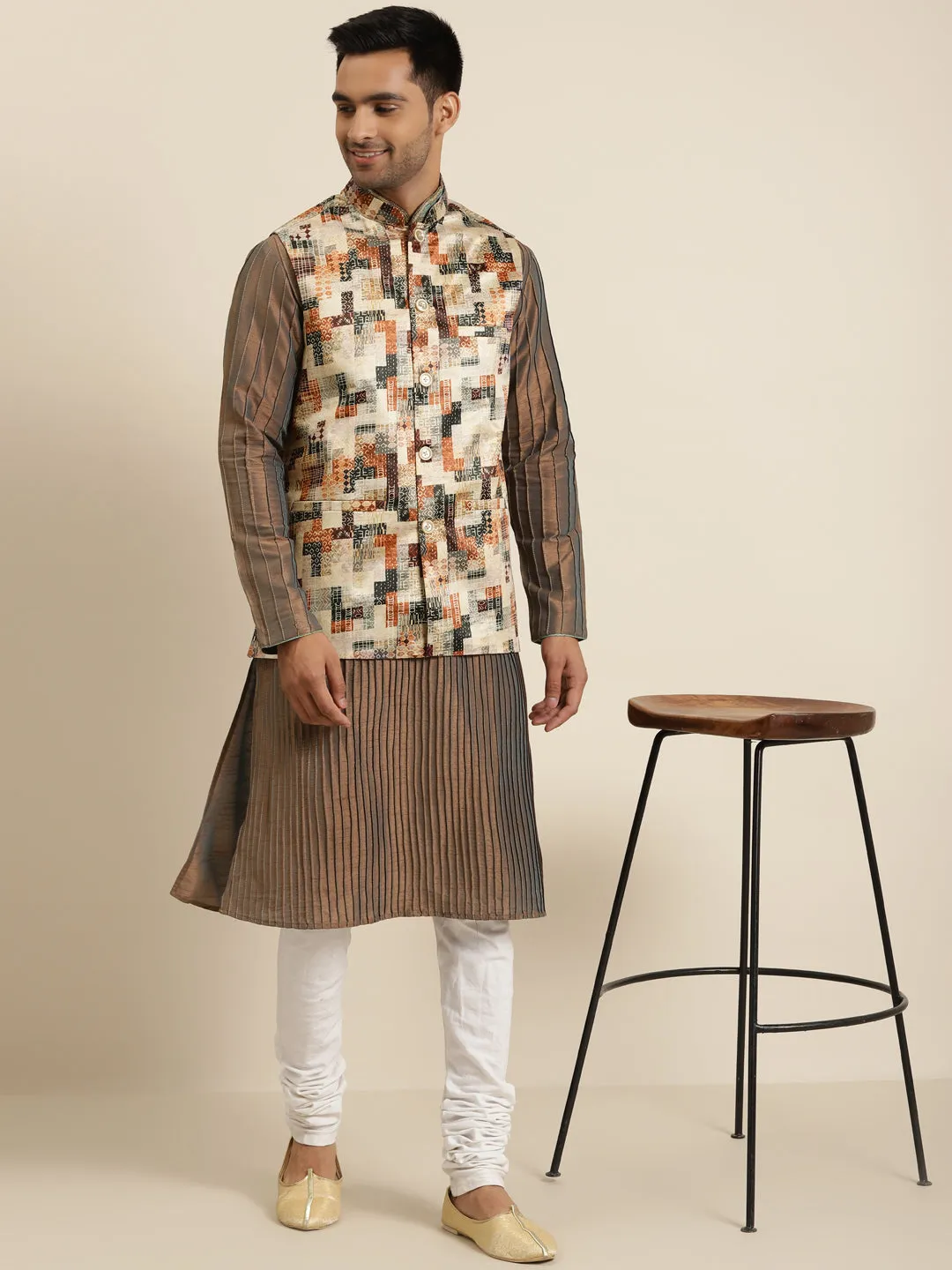 Men's Silk Blend Beige Printed ONLY Nehru Jacket - Sojanya