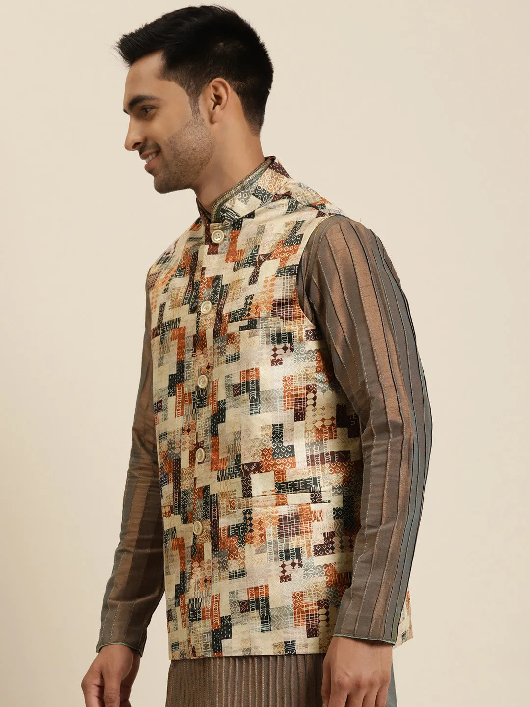 Men's Silk Blend Beige Printed ONLY Nehru Jacket - Sojanya