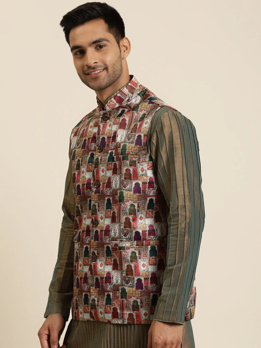 Men's Silk Blend Magenta Printed ONLY Nehru Jacket - Sojanya