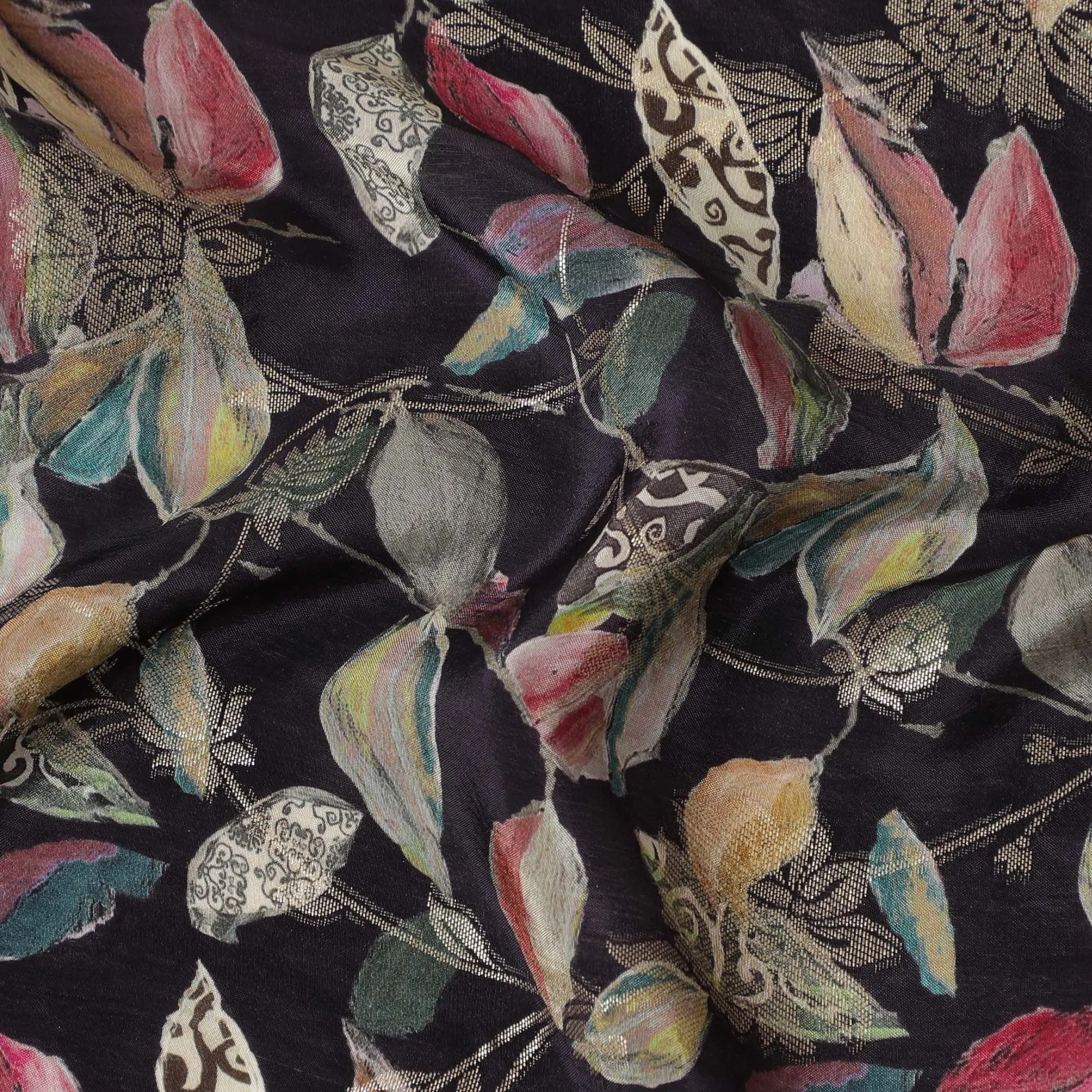 Midnight Botanica Viscose Crepe Fabric - Exotic Leaf Print, Crafted in India, 110cm Width-D18719