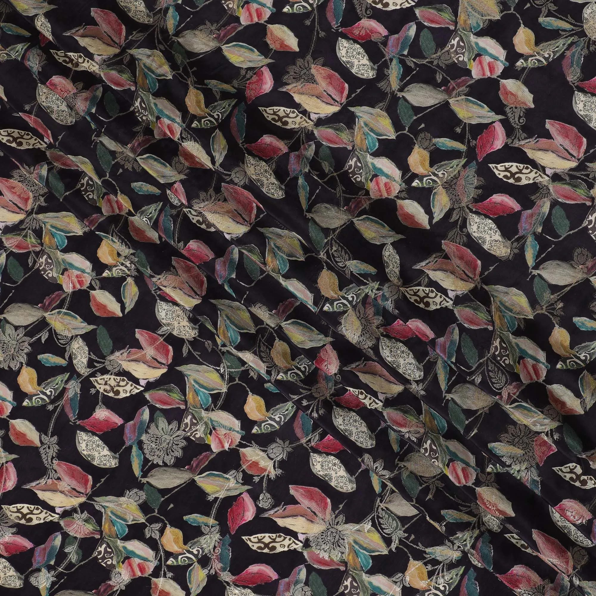 Midnight Botanica Viscose Crepe Fabric - Exotic Leaf Print, Crafted in India, 110cm Width-D18719