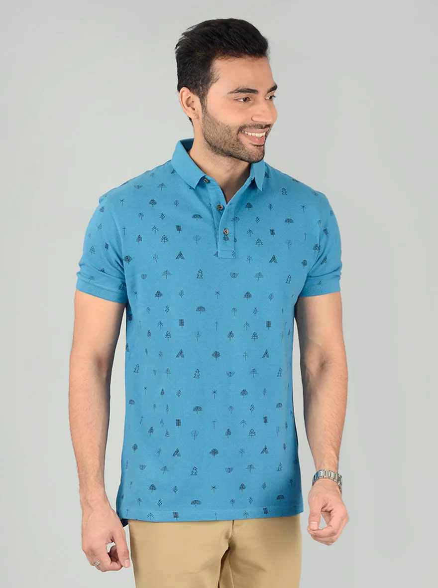 Ocean Blue Printed Slim Fit Polo T-Shirt | JadeBlue