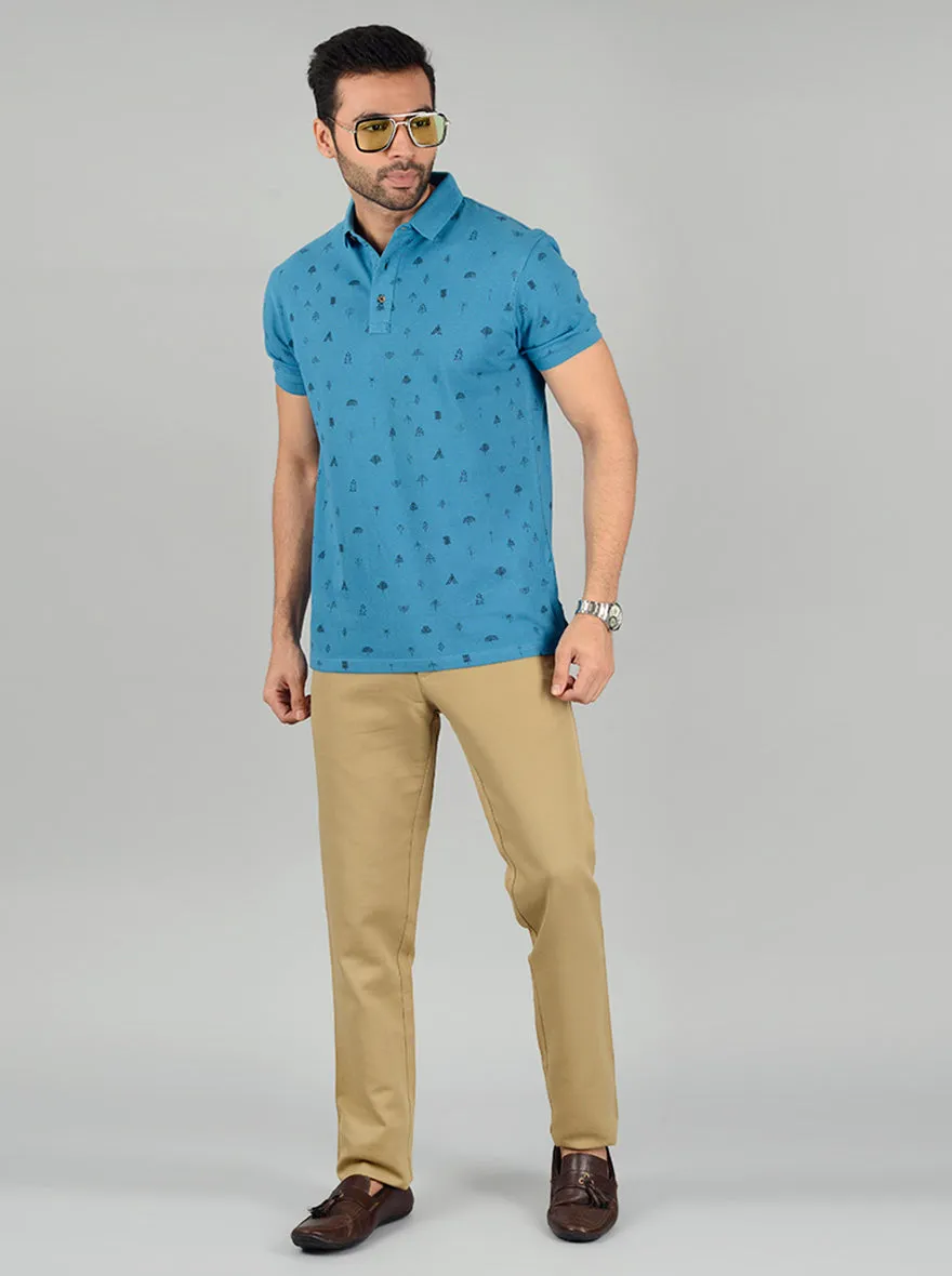 Ocean Blue Printed Slim Fit Polo T-Shirt | JadeBlue