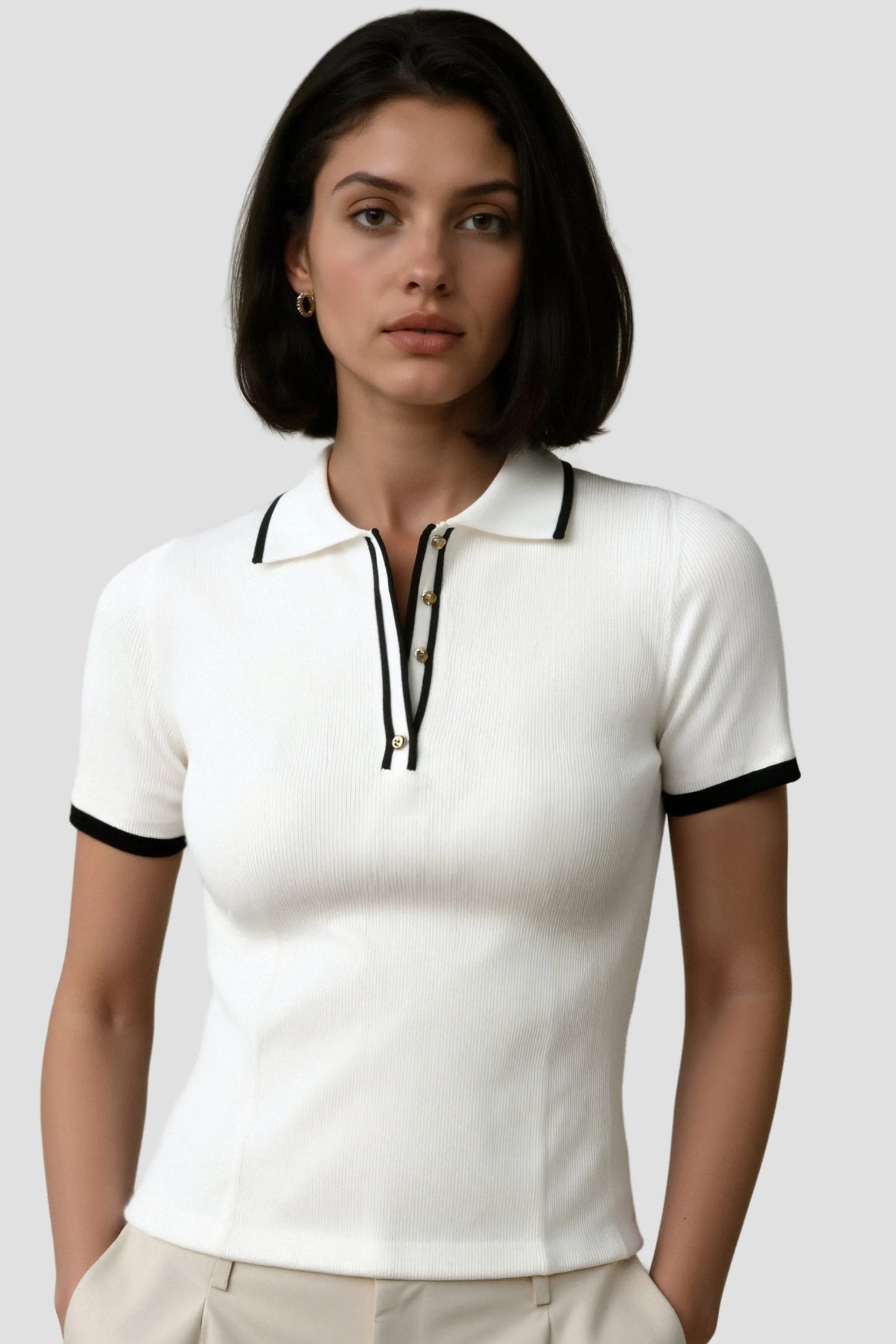 Old Money Contrast Elegant Trim Collared Slim Button Up Polo T-Shirt