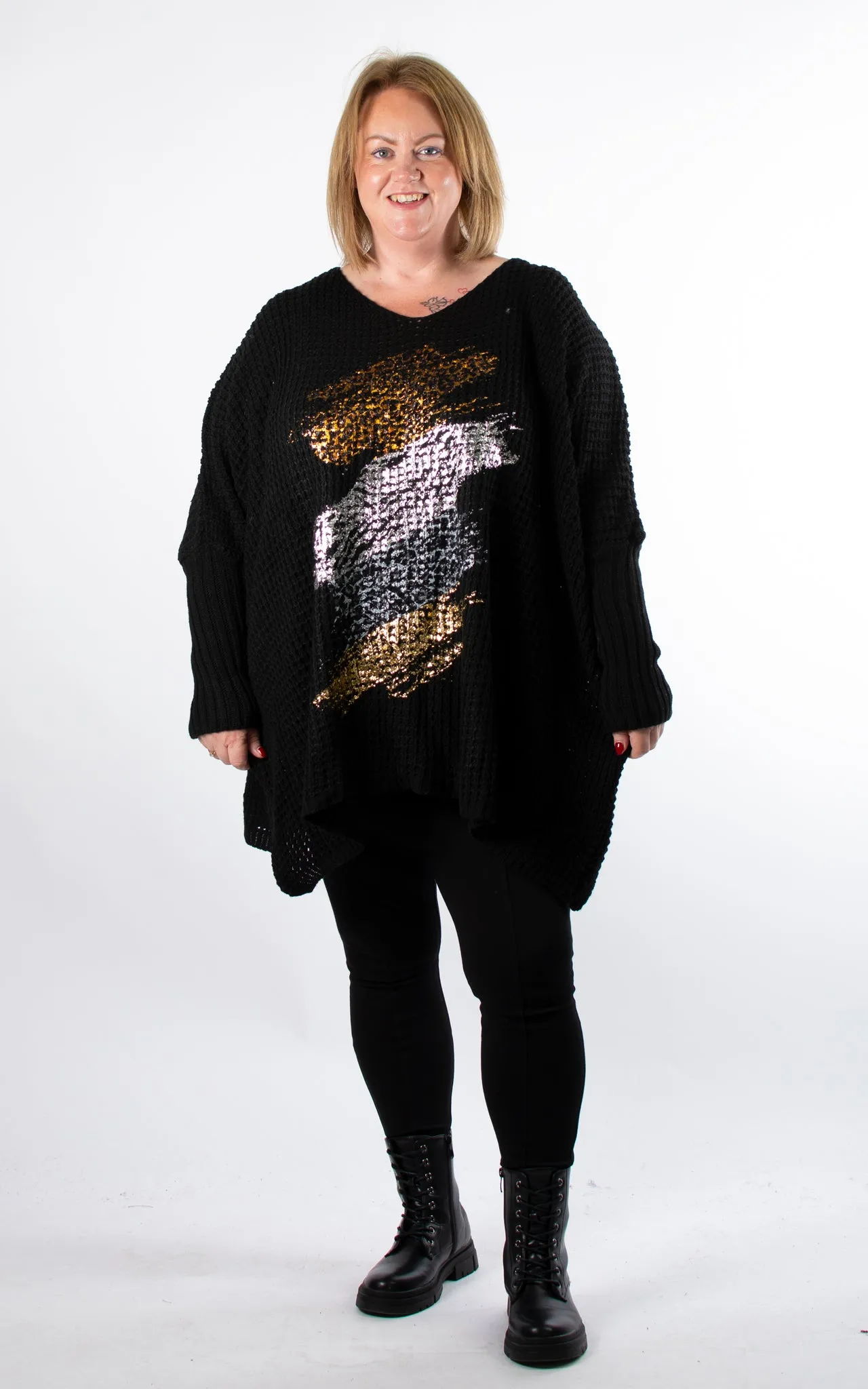 Oversized Chunky Knit Jumper | Foil Brush Stroke | Black