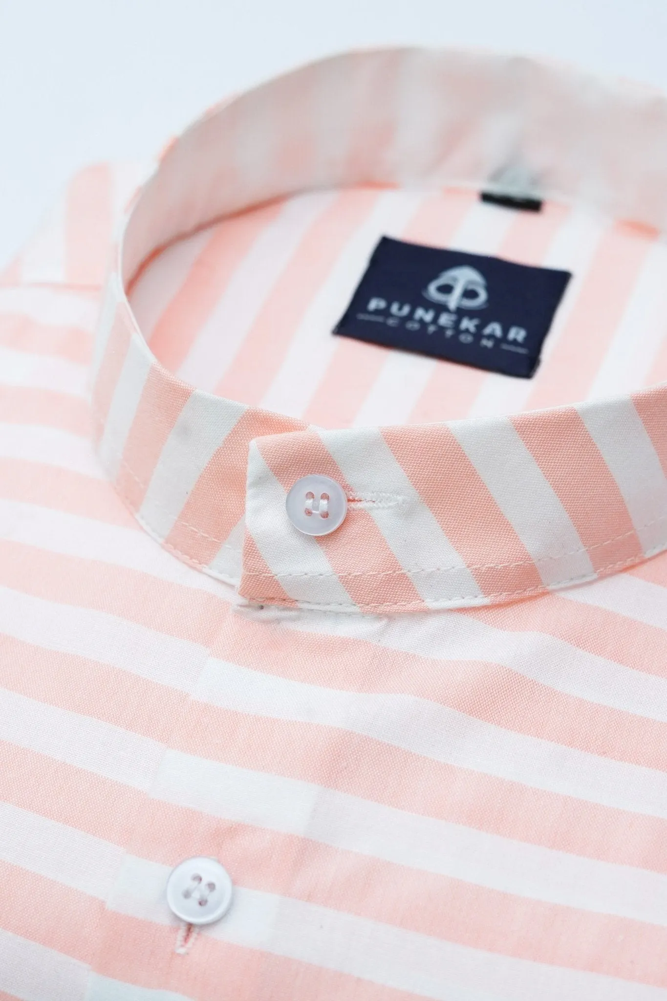 Peach Pink Color Stand Collar Strips Shirts For Men