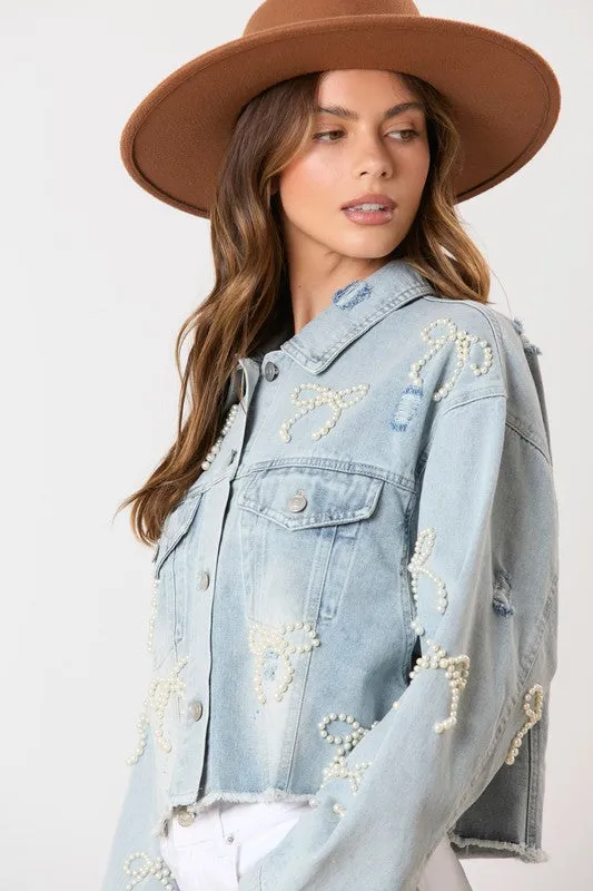 Pearl Bow Washed Denim Cropped Jacket