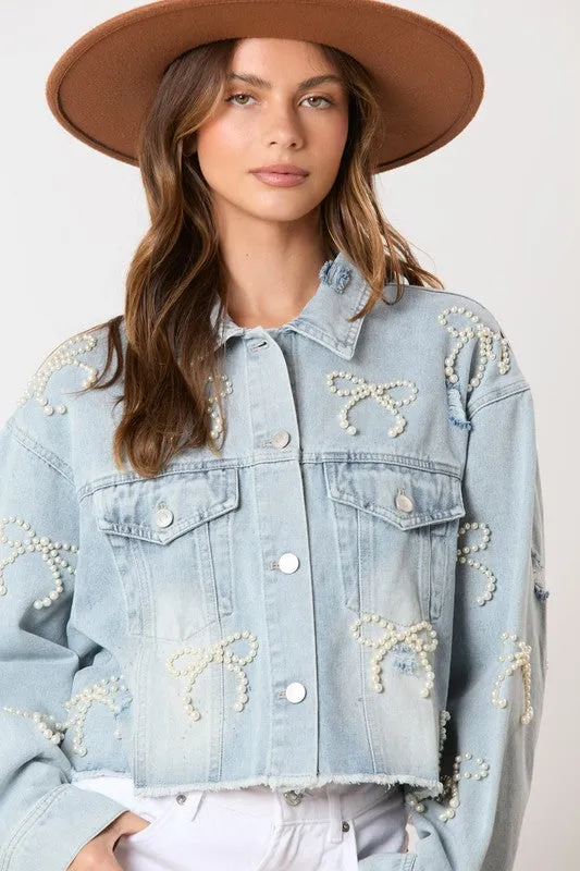 Pearl Bow Washed Denim Cropped Jacket