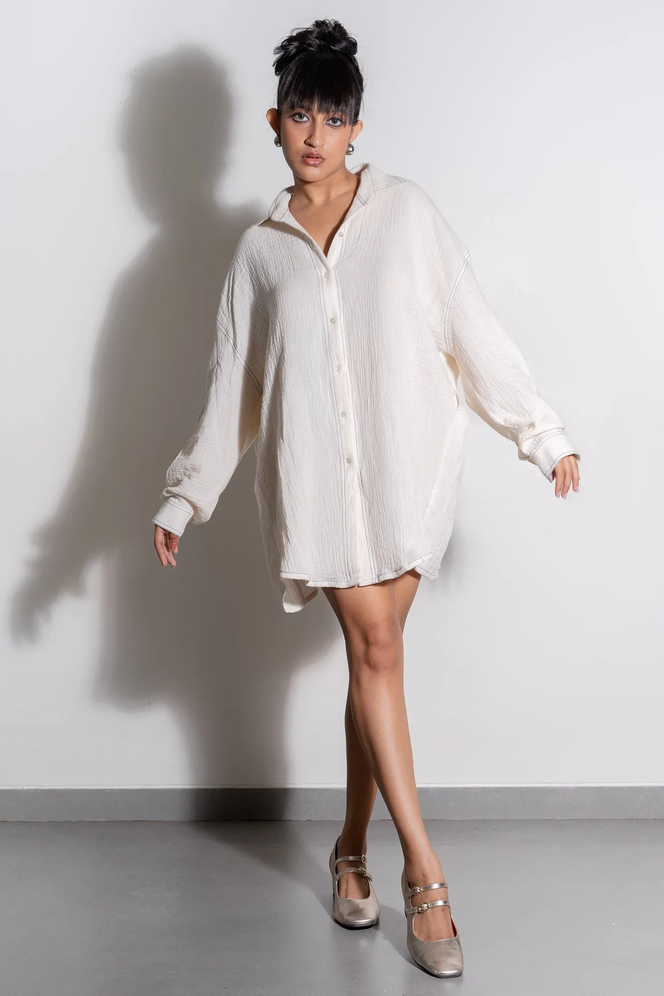 Pearled Ivory Shirt Dress