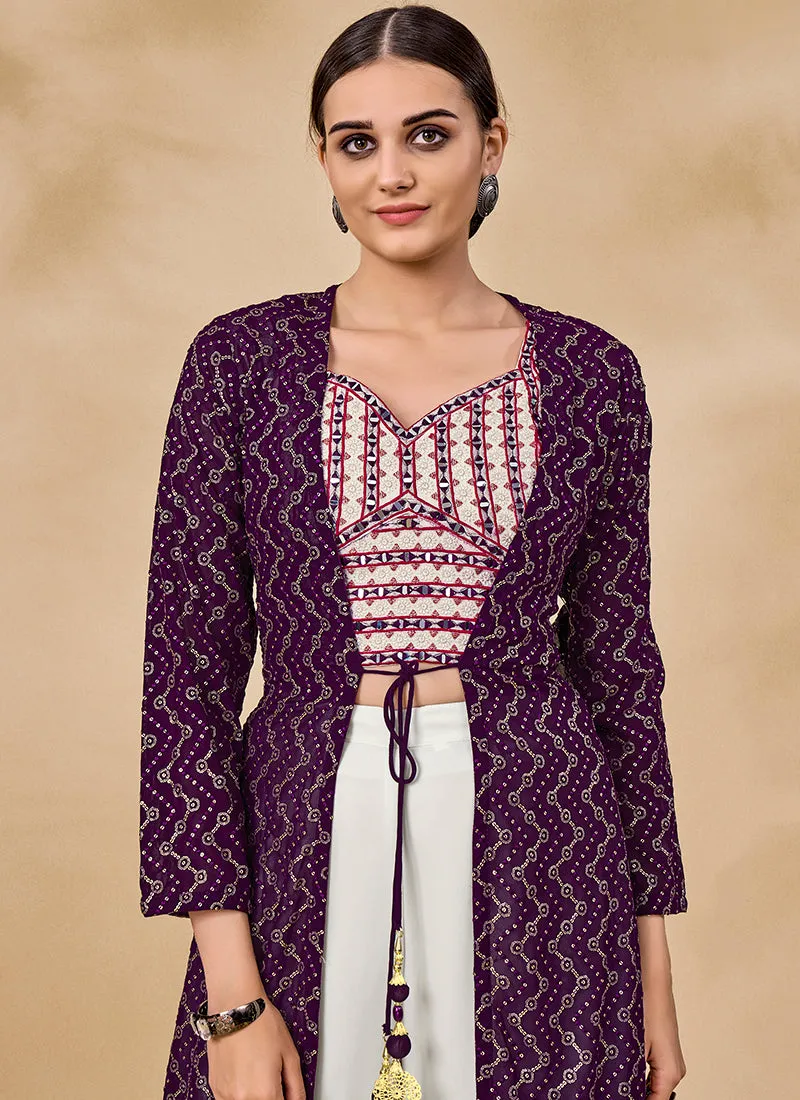 Purple And White Embroidered Jacket Style Palazzo Suit