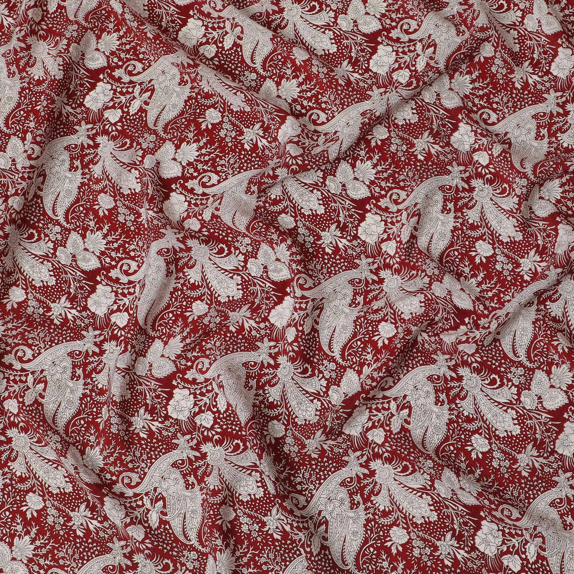 Regal Crimson Elephant Pure Silk Crepe Fabric - Traditional Indian Motif, 110cm Width - Buy Online by the Meter-D18041