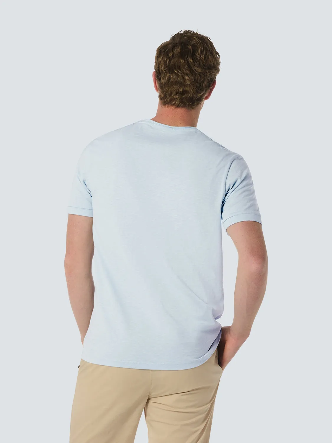 Round Neck T-Shirt with Rolled Sleeve Cuffs and Subtle Logo Print | Sky