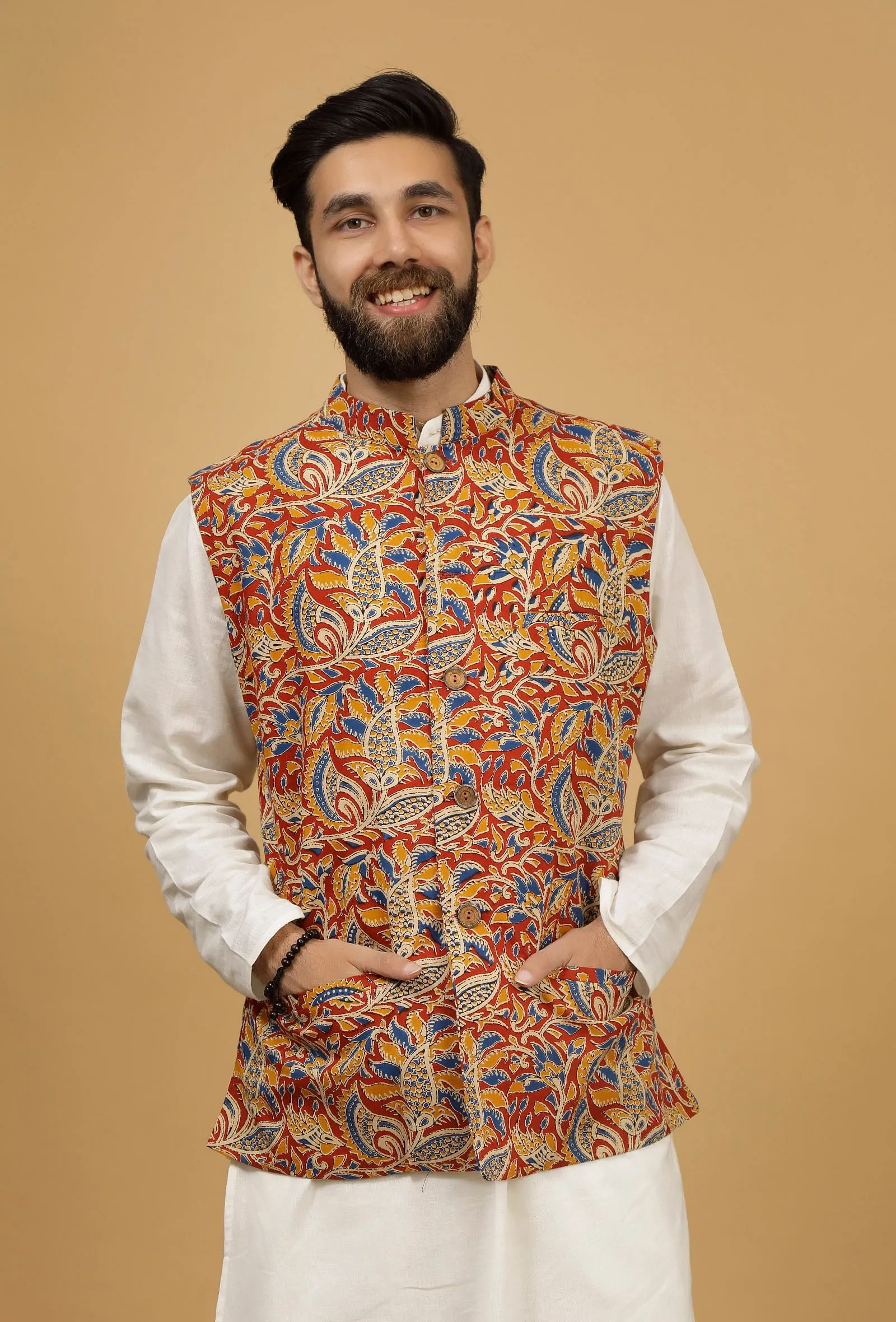 Scarlet Red and Yellow Floral Kalamkari Cotton Nehru Jacket