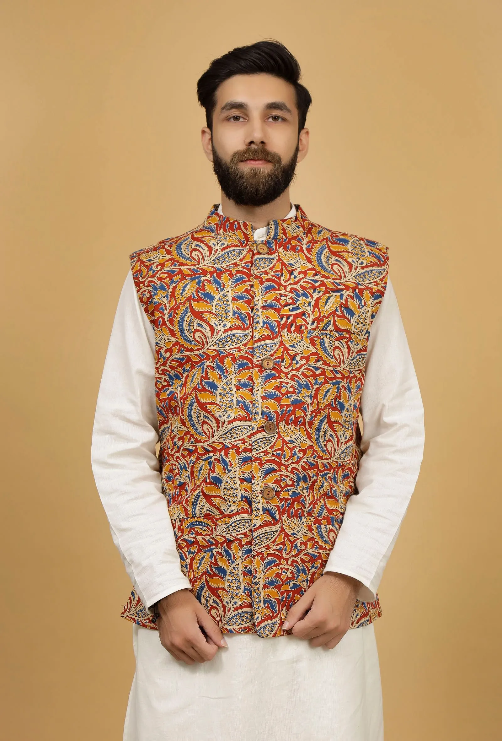 Scarlet Red and Yellow Floral Kalamkari Cotton Nehru Jacket