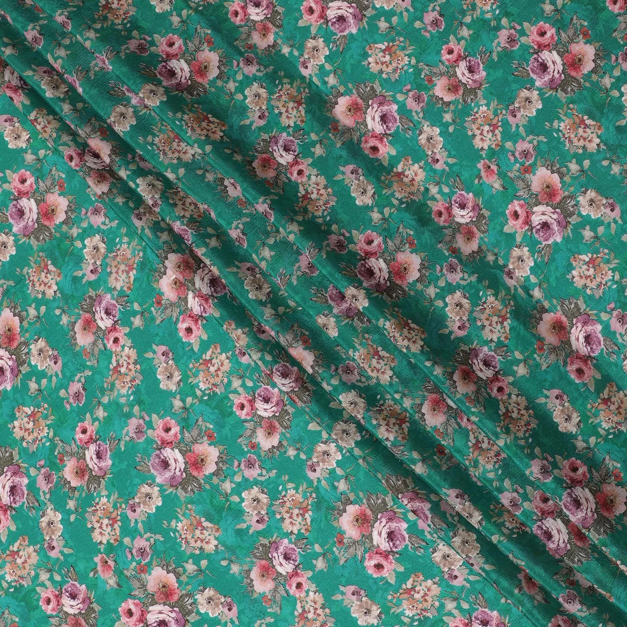 Sea green viscose crepe fabric with multicolor print in floral design-D15700