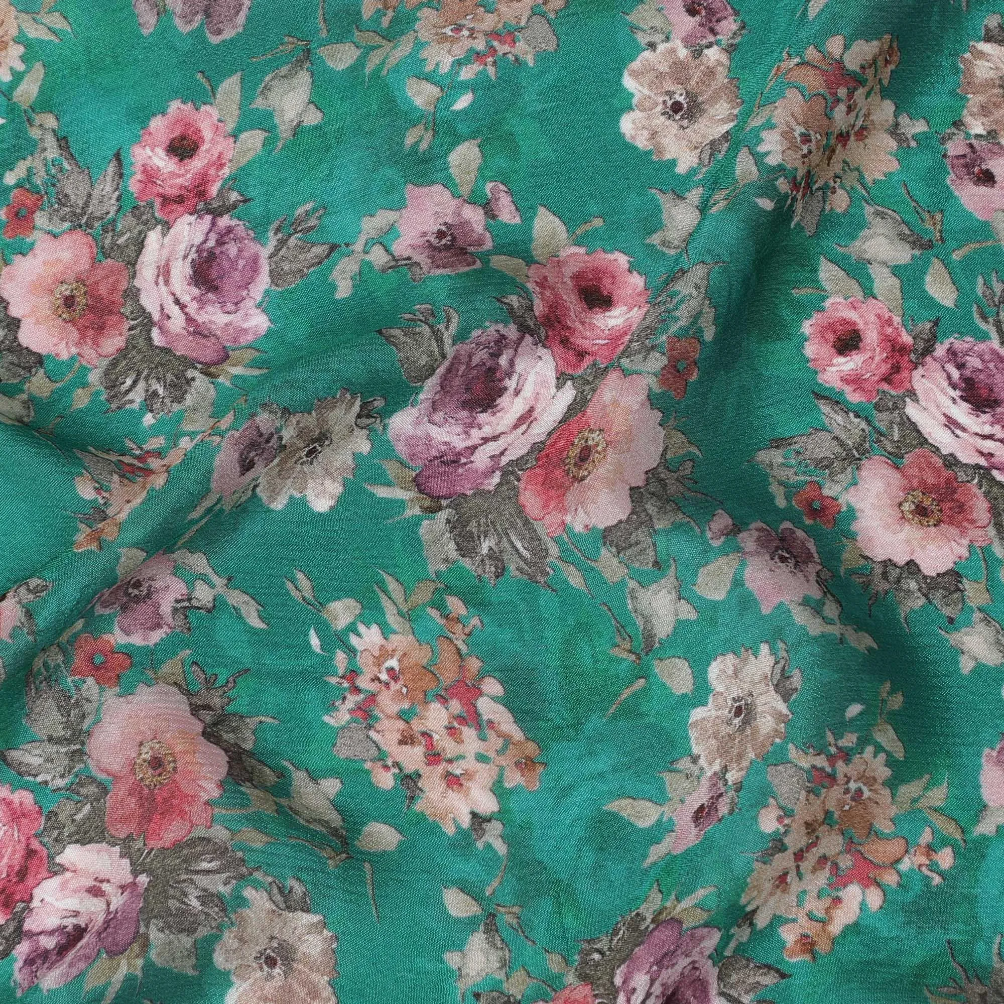 Sea green viscose crepe fabric with multicolor print in floral design-D15700