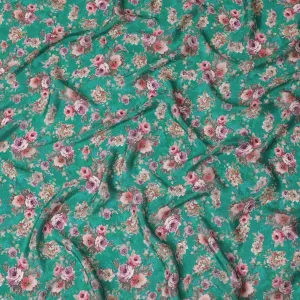 Sea green viscose crepe fabric with multicolor print in floral design-D15700