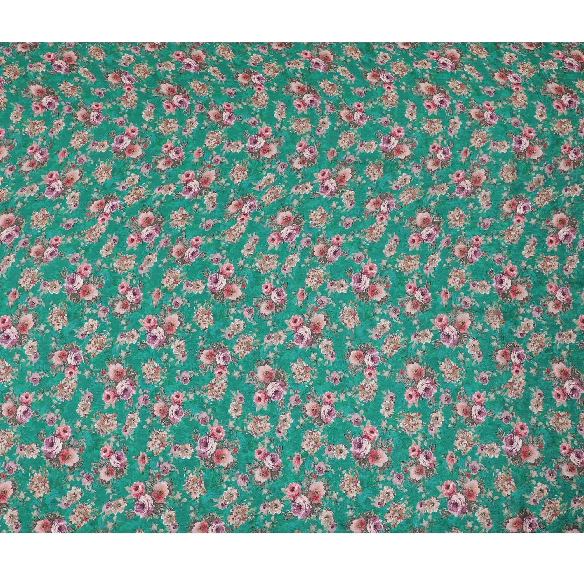 Sea green viscose crepe fabric with multicolor print in floral design-D15700