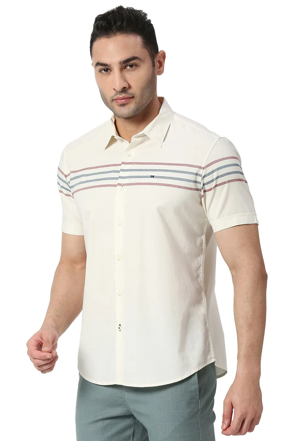 Slim Fit Cotton Oxford Weft Eng Stripe Halfsleeves Shirt