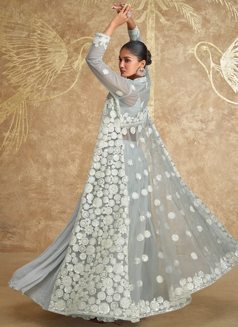 Soft Grey Embroidered Jacket Style Lehenga Choli