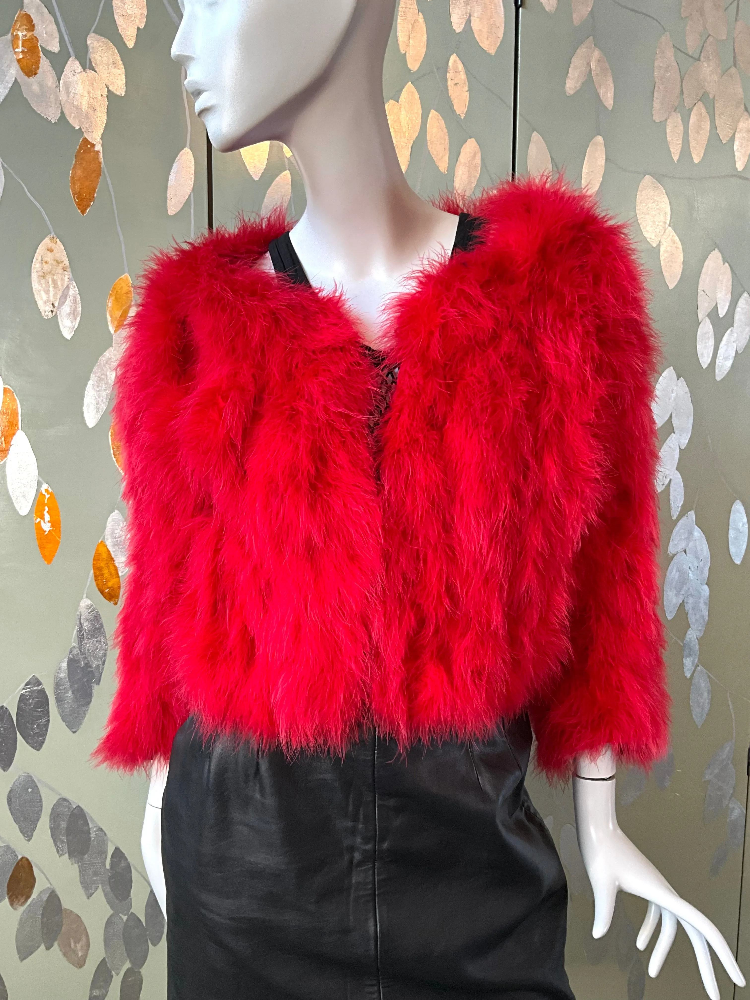 Veronique Young Red Marabou Feather Cropped Jacket, W Collection, Medium