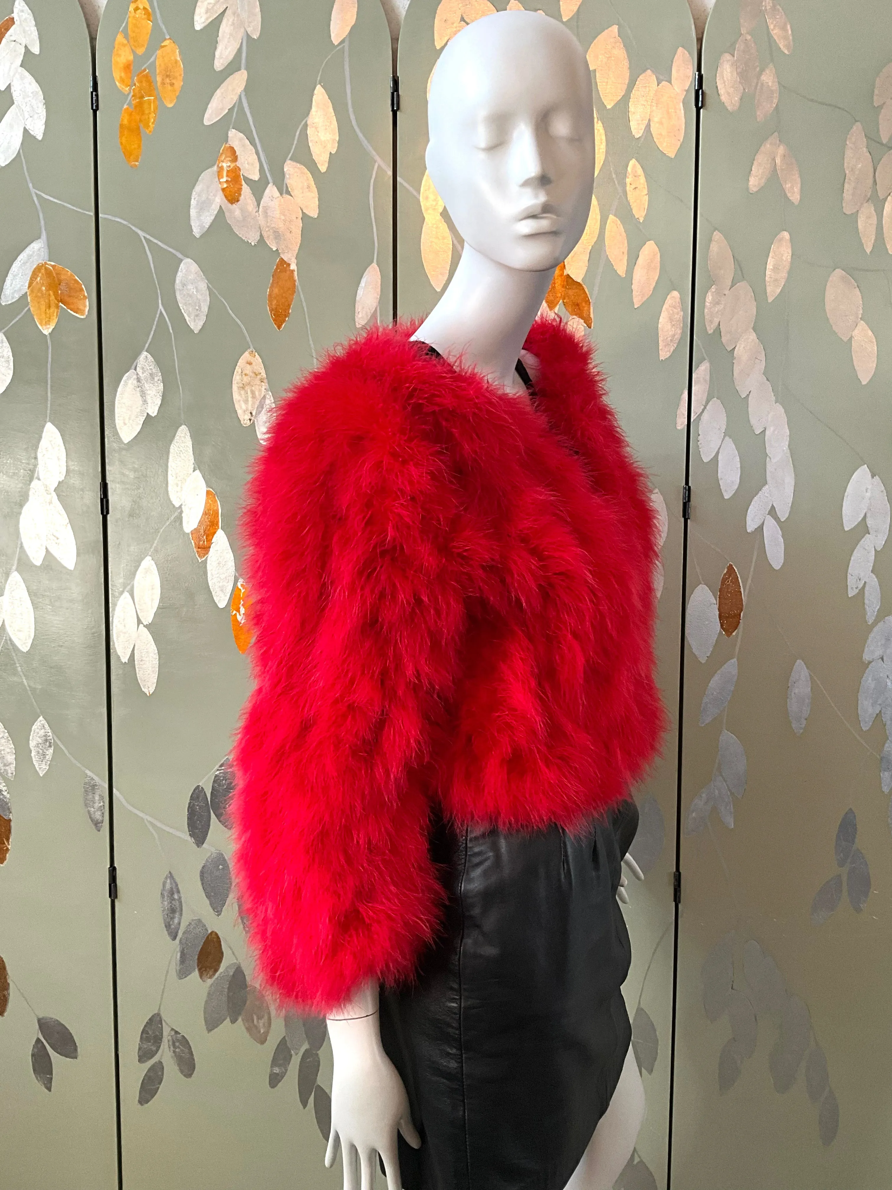 Veronique Young Red Marabou Feather Cropped Jacket, W Collection, Medium