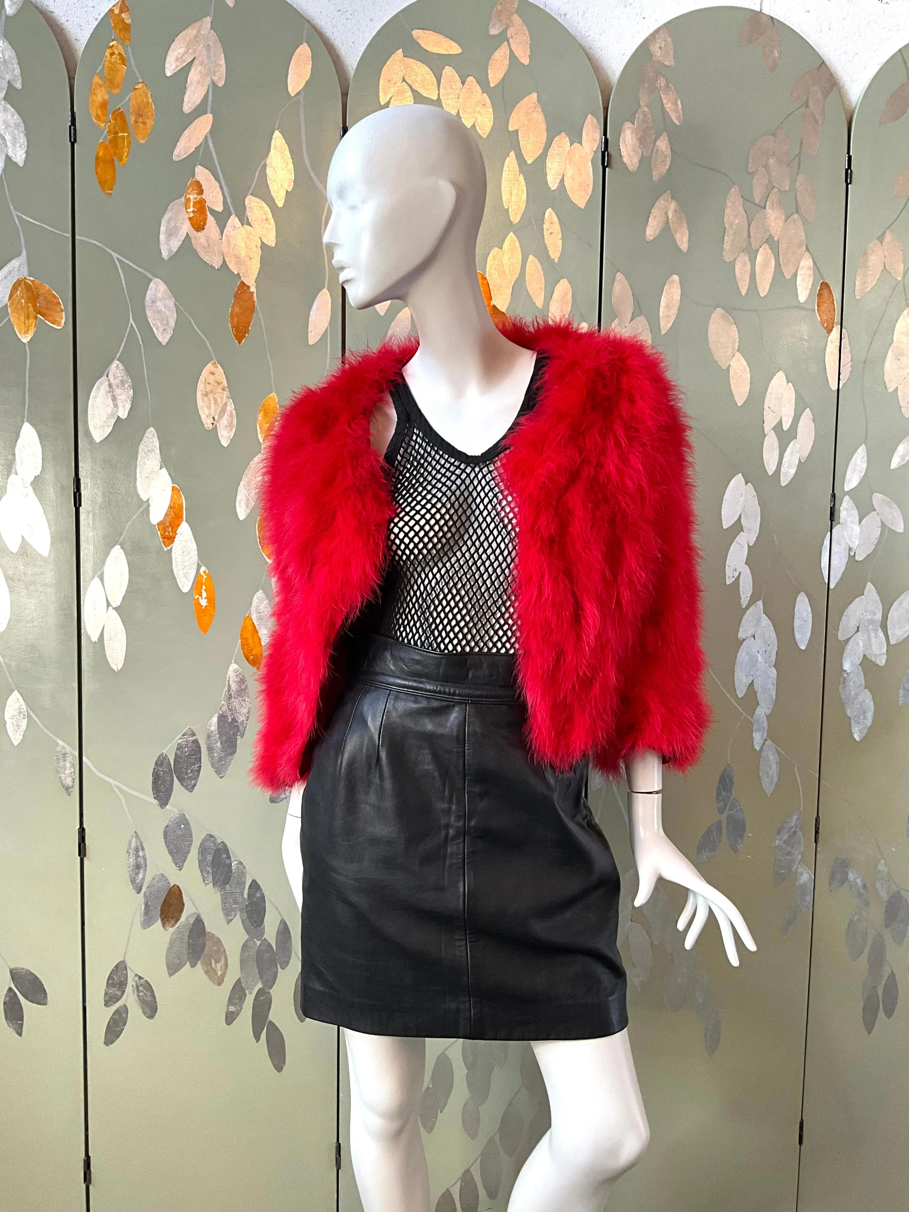 Veronique Young Red Marabou Feather Cropped Jacket, W Collection, Medium