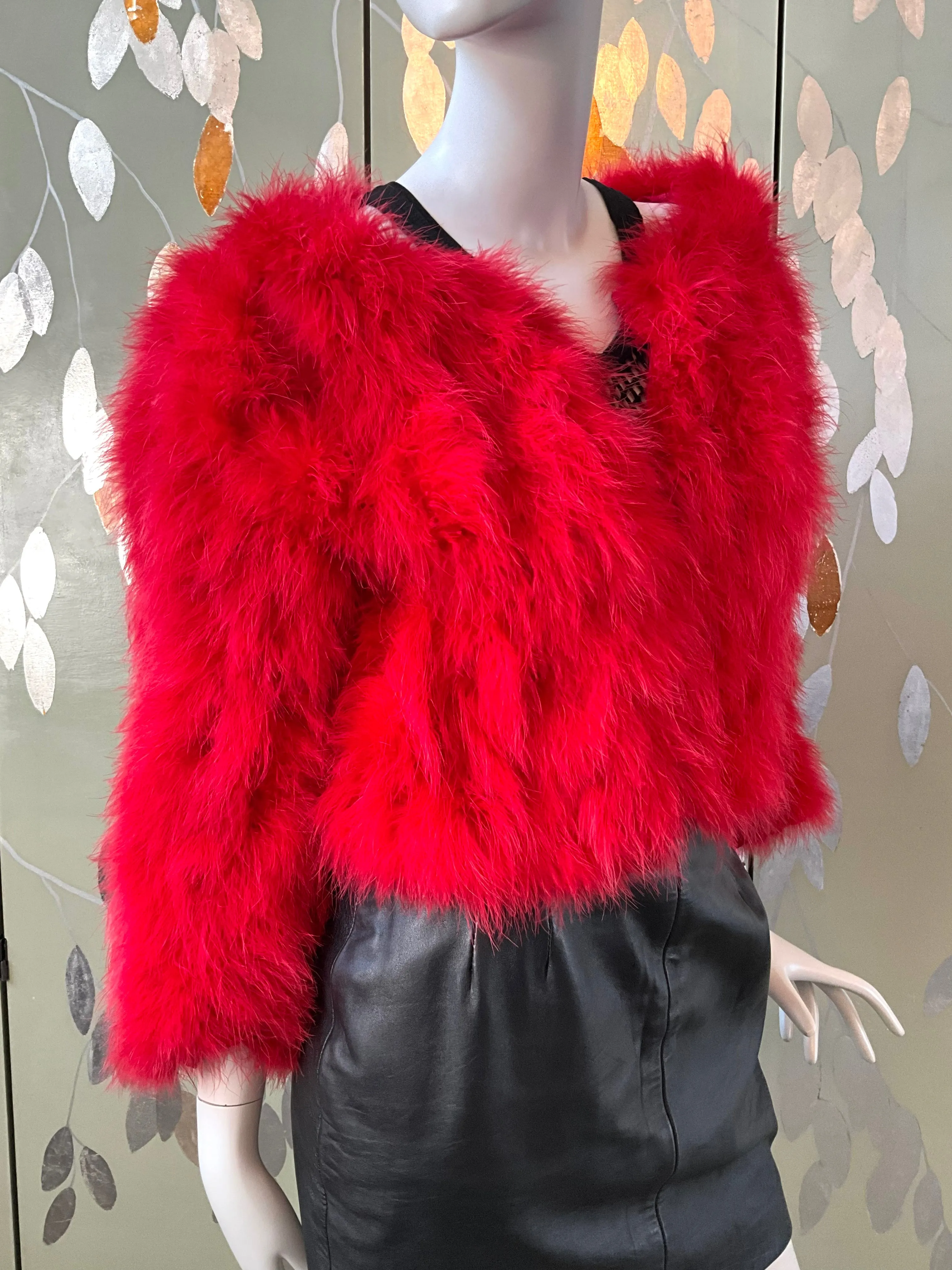 Veronique Young Red Marabou Feather Cropped Jacket, W Collection, Medium