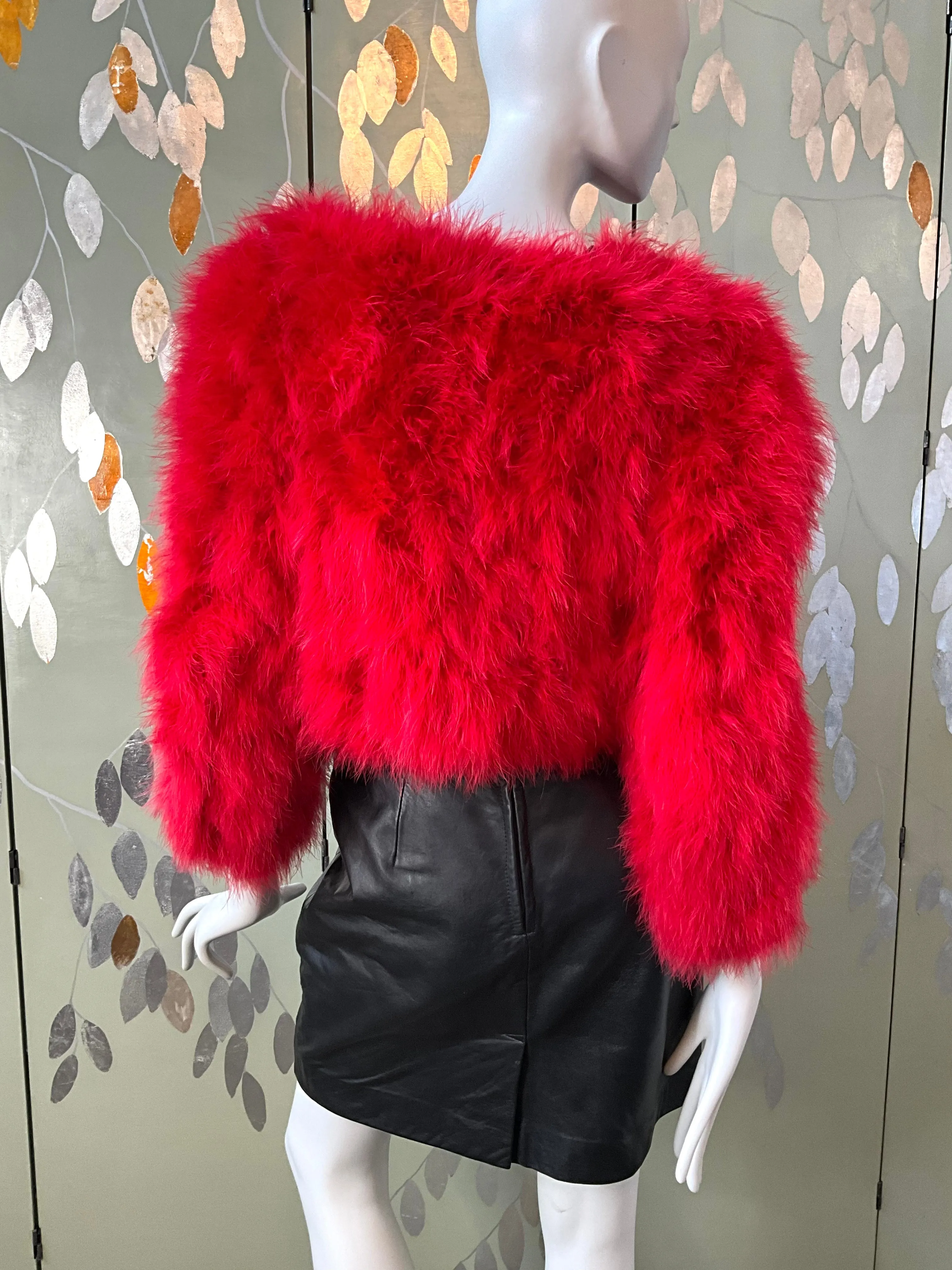 Veronique Young Red Marabou Feather Cropped Jacket, W Collection, Medium