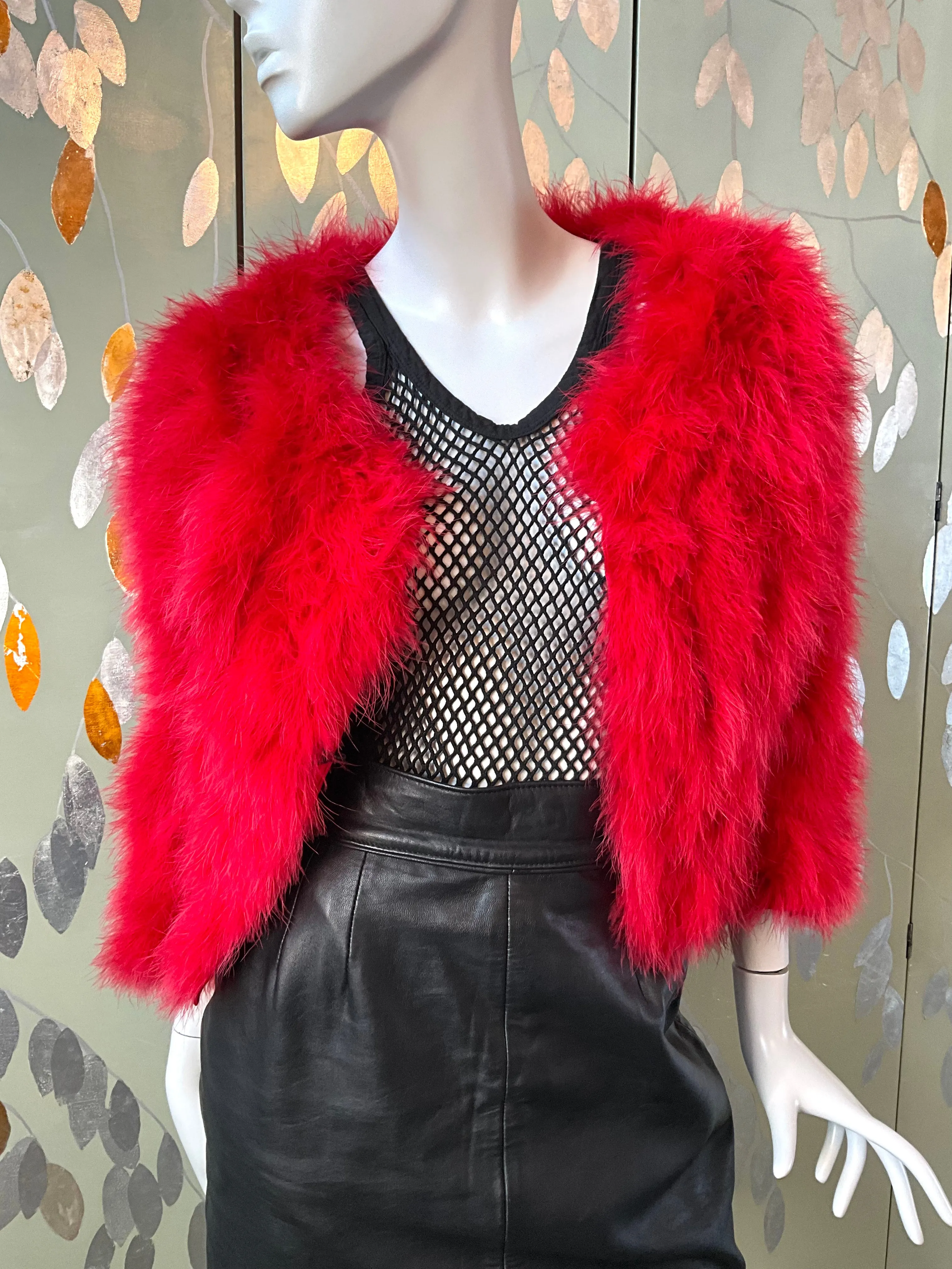 Veronique Young Red Marabou Feather Cropped Jacket, W Collection, Medium