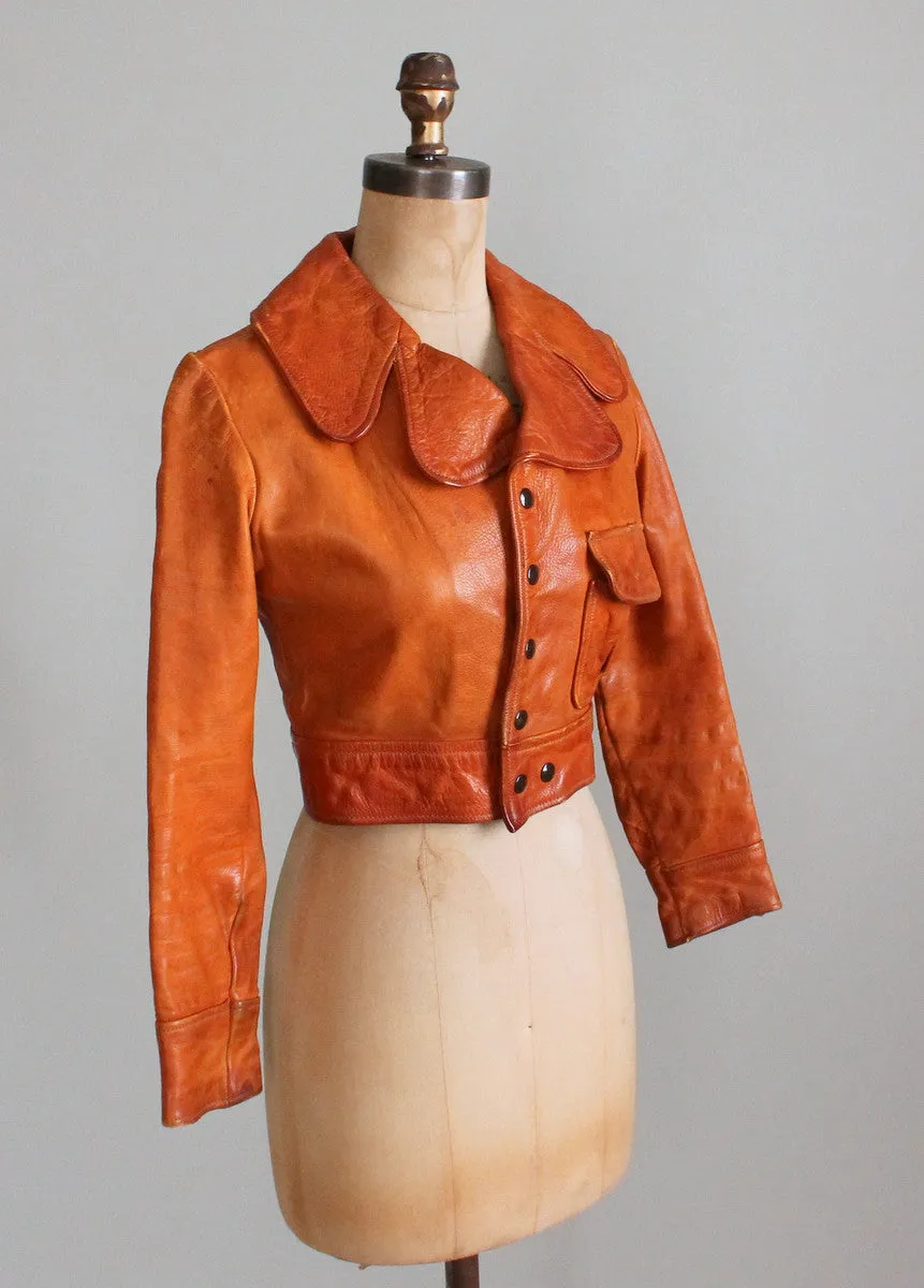 Vintage 1970s Brown Leather Cropped Jacket