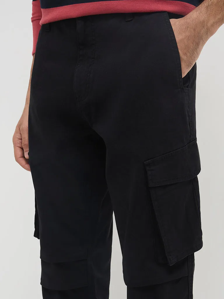 WES Casuals Black Cargo-Style Relaxed-Fit Mid-Rise Cotton-Blend Chinos