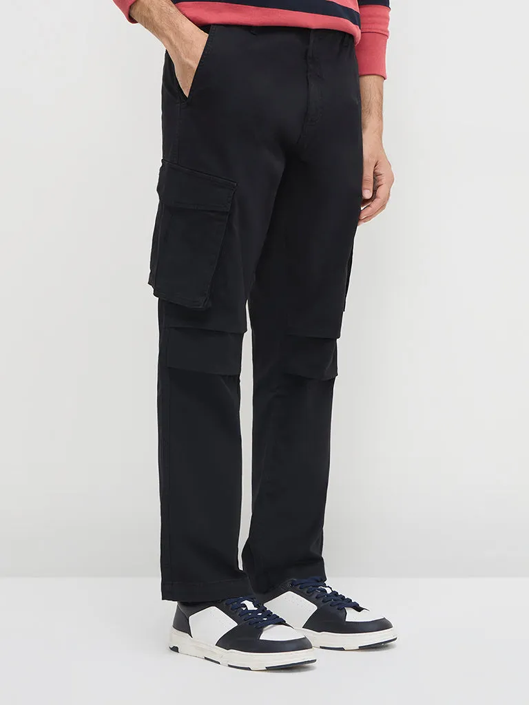 WES Casuals Black Cargo-Style Relaxed-Fit Mid-Rise Cotton-Blend Chinos