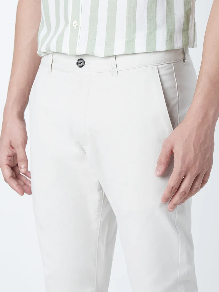 WES Casuals Off-White Cotton Blend Slim-Fit Mid-Rise Chinos