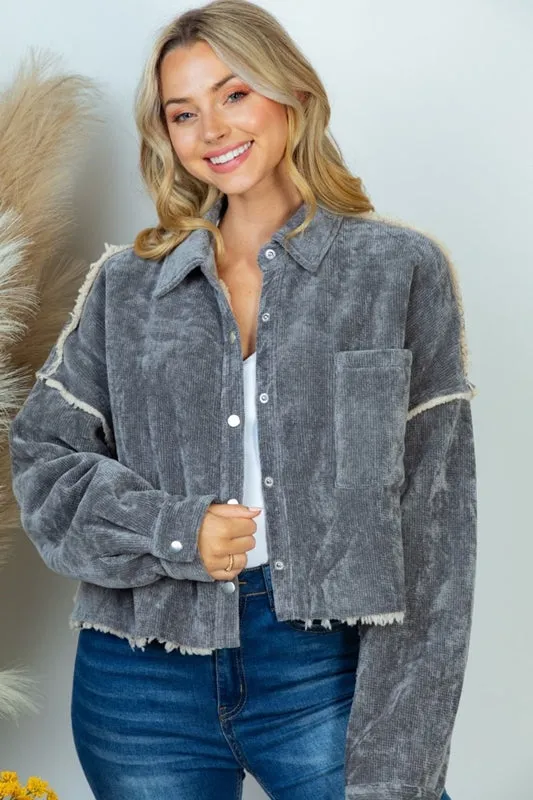 White Birch Corduroy Sherpa Crop Jacket - Charcoal