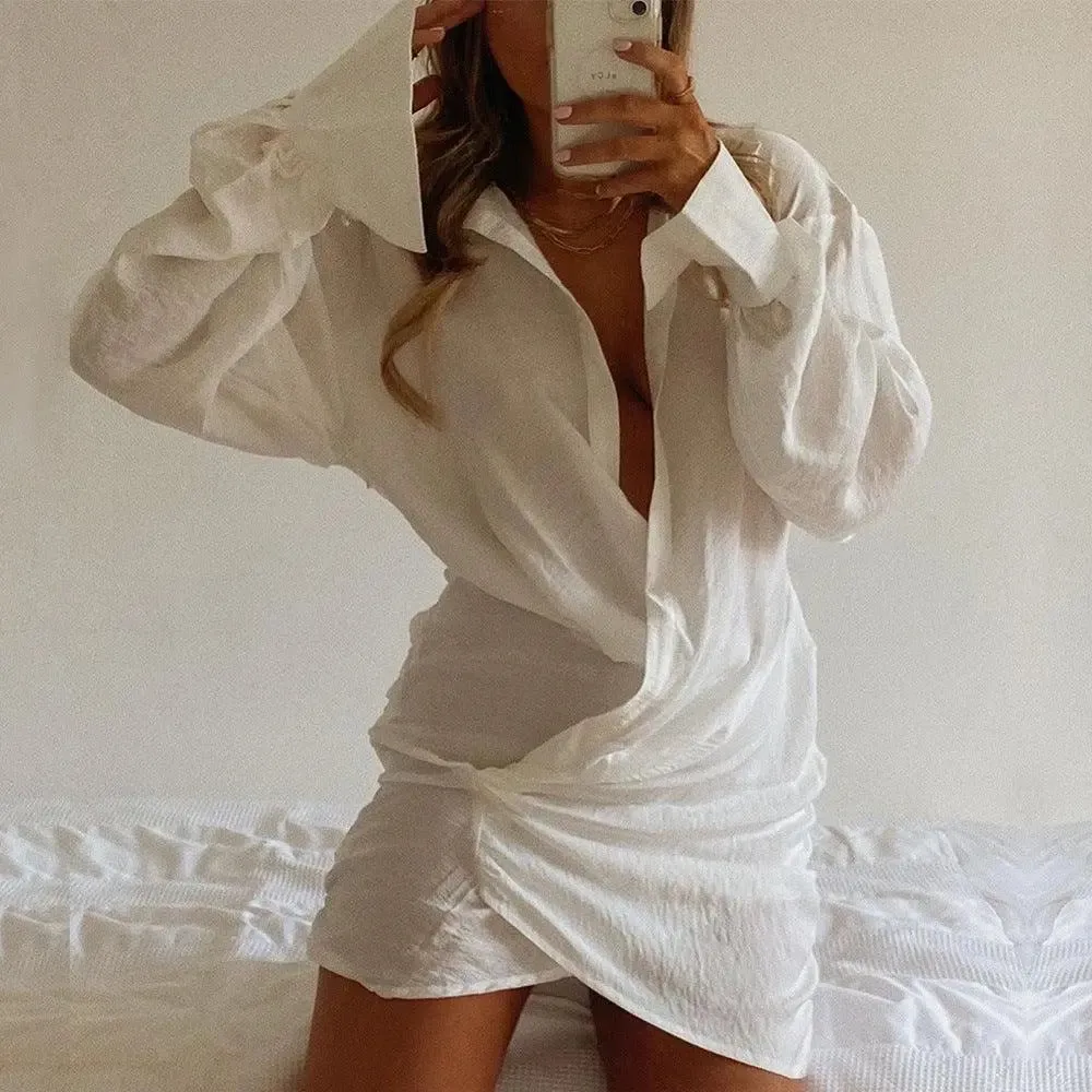 White Deep V Wrap Dress Shirt