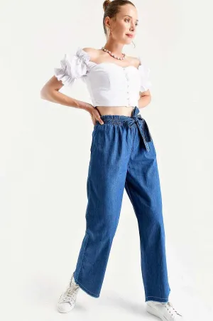 Wide Leg High Waist Womens Pants - Dark Blue