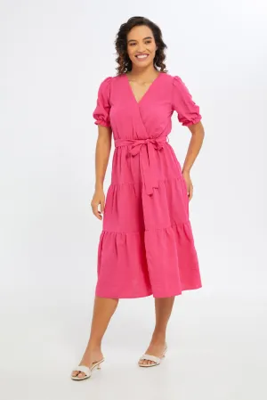 Women Fuchsia Midi Wrap Dress